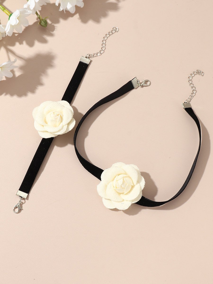 Pack of 2 - White Flower Choker Necklace and Bracelet