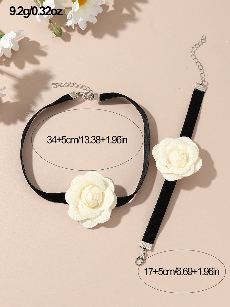 Pack of 2 - White Flower Choker Necklace and Bracelet