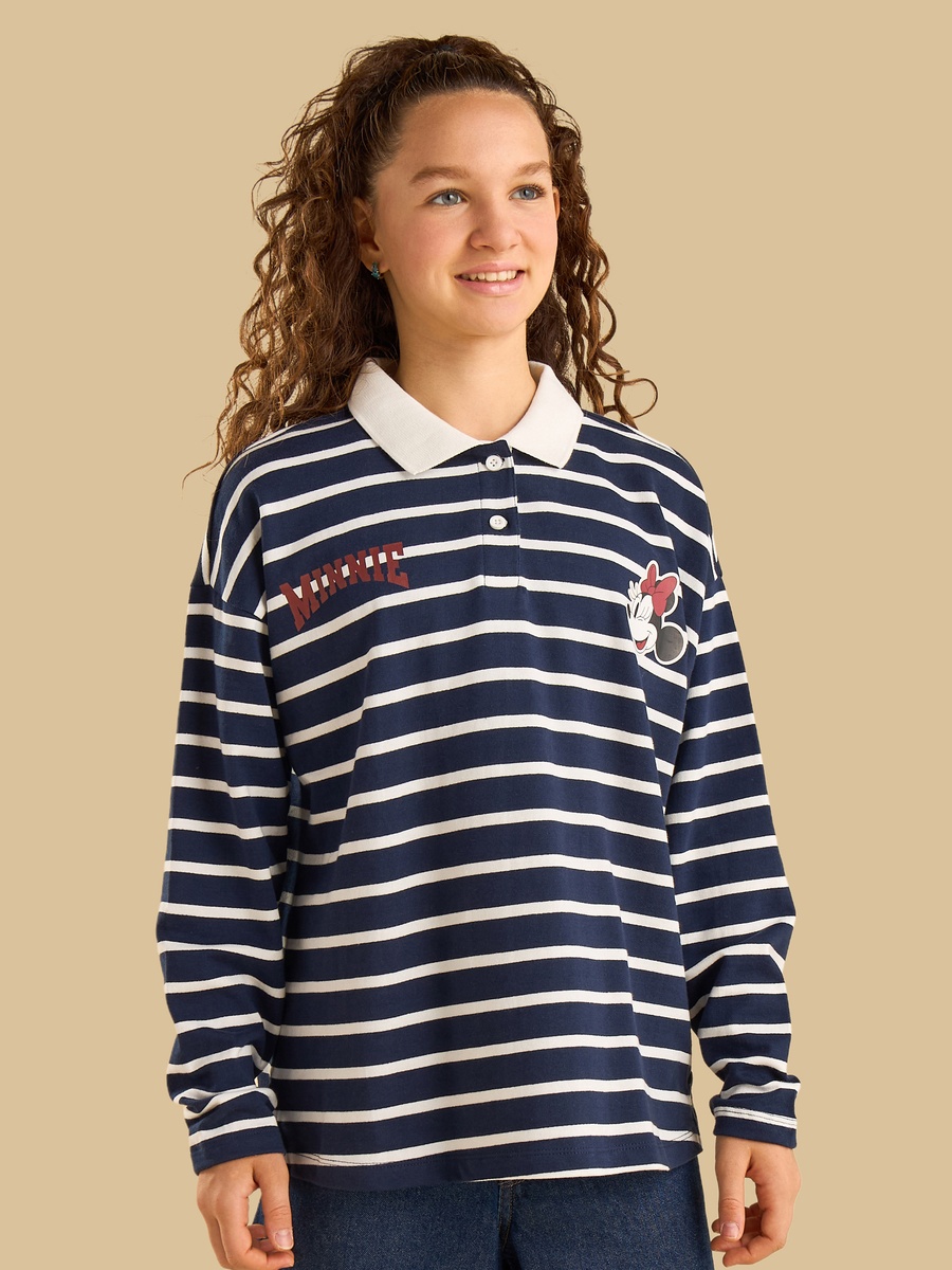 Minnie Mouse Print Oversized Cotton Polo T-Shirt