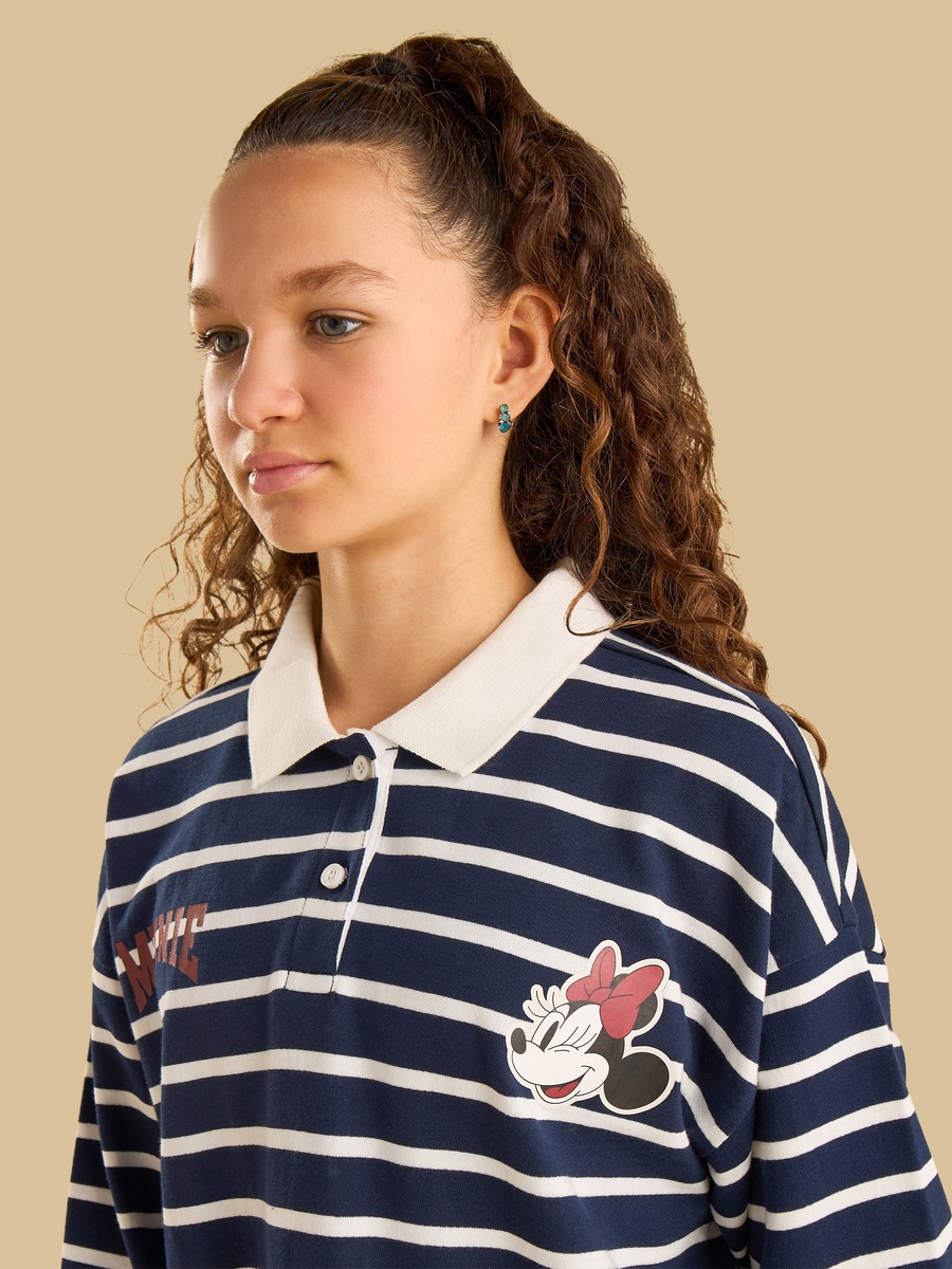 Minnie Mouse Print Oversized Cotton Polo T-Shirt