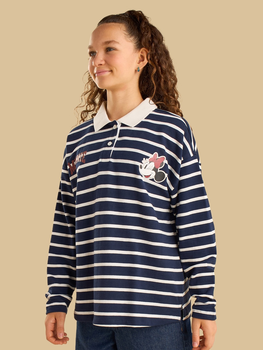 Minnie Mouse Print Oversized Cotton Polo T-Shirt