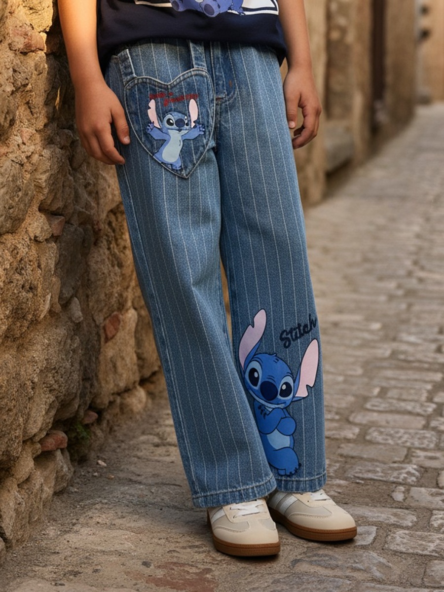 Stitch Print Pinstriped Cotton Wide Leg Jeans with Bag