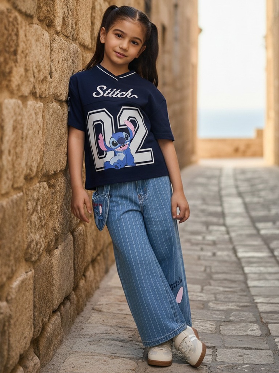 Stitch Print Pinstriped Cotton Wide Leg Jeans with Bag