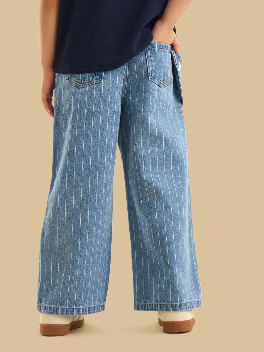 Stitch Print Pinstriped Cotton Wide Leg Jeans with Bag