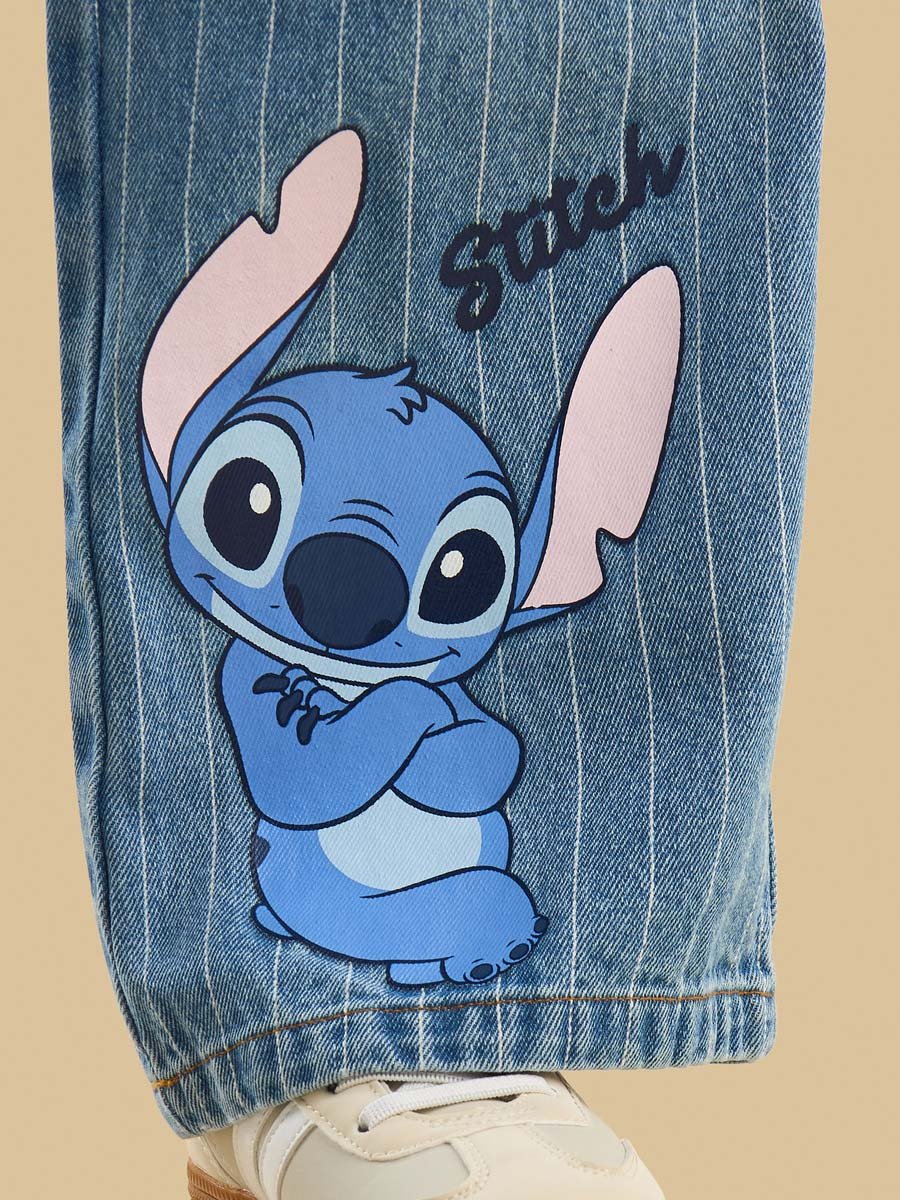 Stitch Print Pinstriped Cotton Wide Leg Jeans with Bag