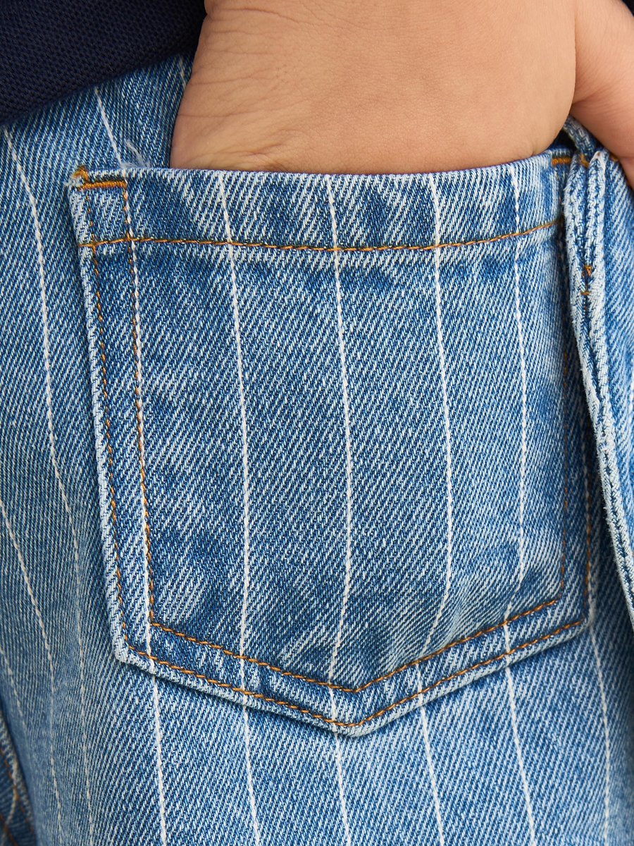 Stitch Print Pinstriped Cotton Wide Leg Jeans with Bag