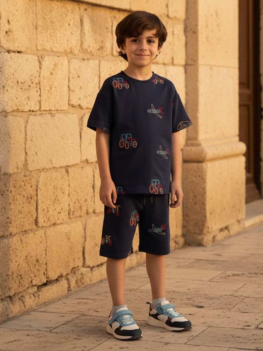Vehicle Embroidered Cotton T-Shirt and Shorts Set