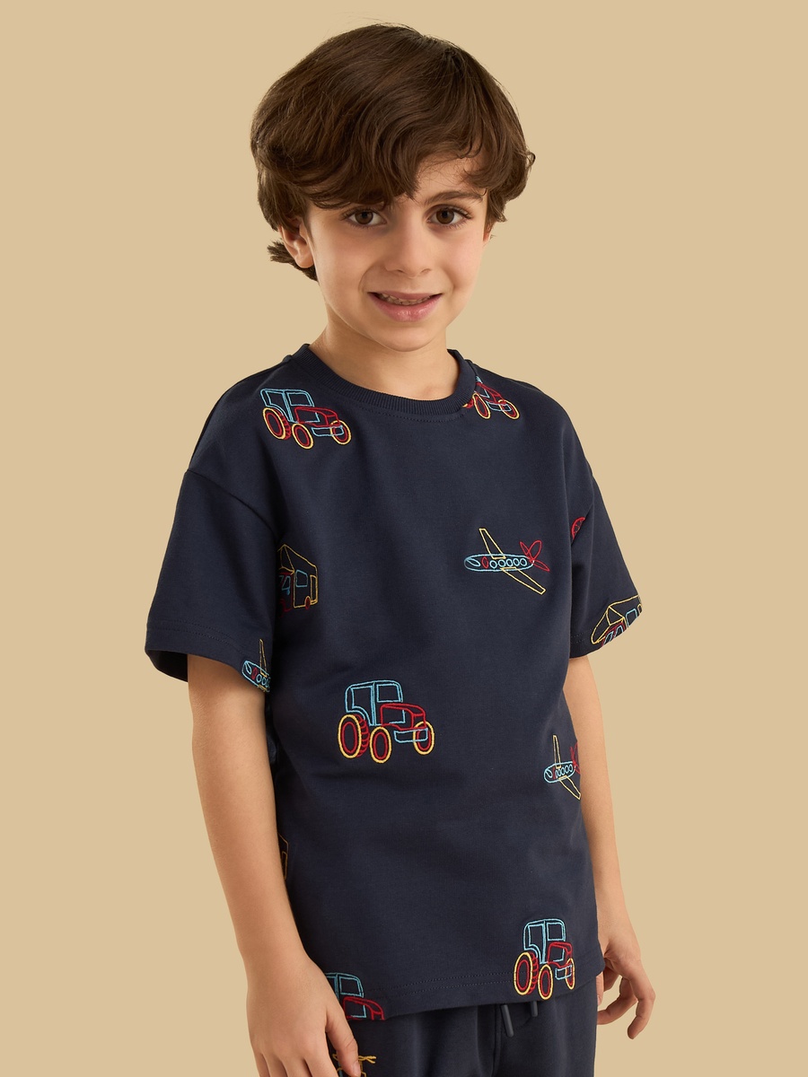 Vehicle Embroidered Cotton T-Shirt and Shorts Set