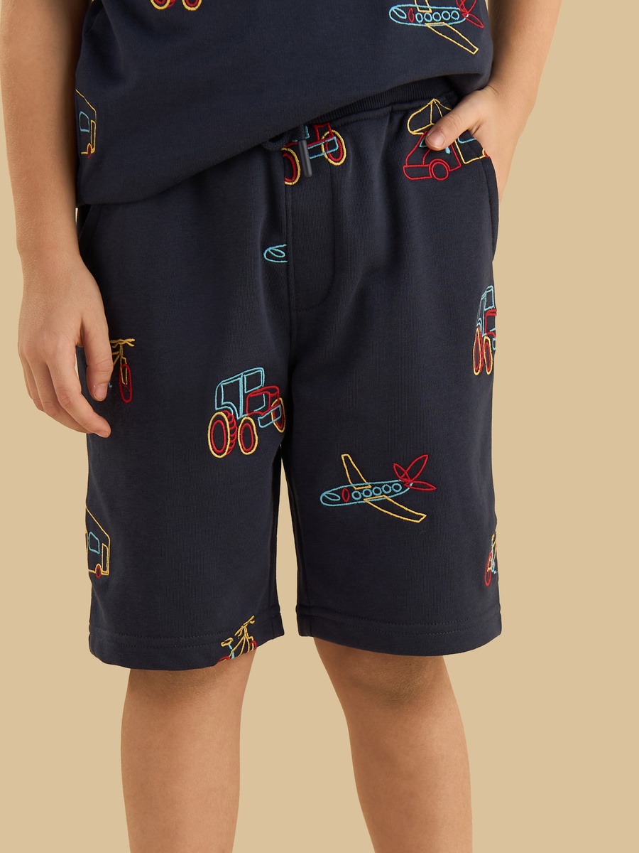 Vehicle Embroidered Cotton T-Shirt and Shorts Set