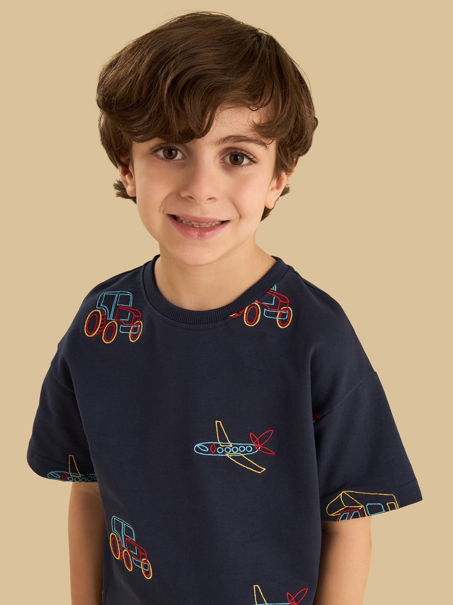Vehicle Embroidered Cotton T-Shirt and Shorts Set