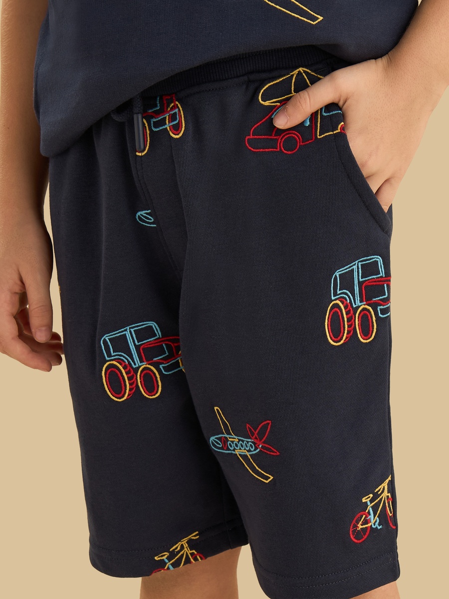 Vehicle Embroidered Cotton T-Shirt and Shorts Set