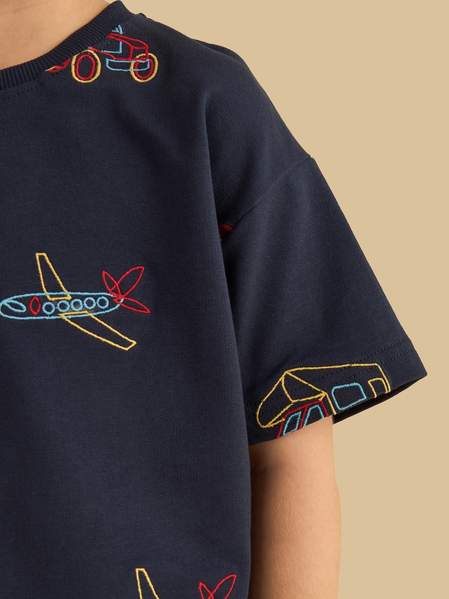 Vehicle Embroidered Cotton T-Shirt and Shorts Set