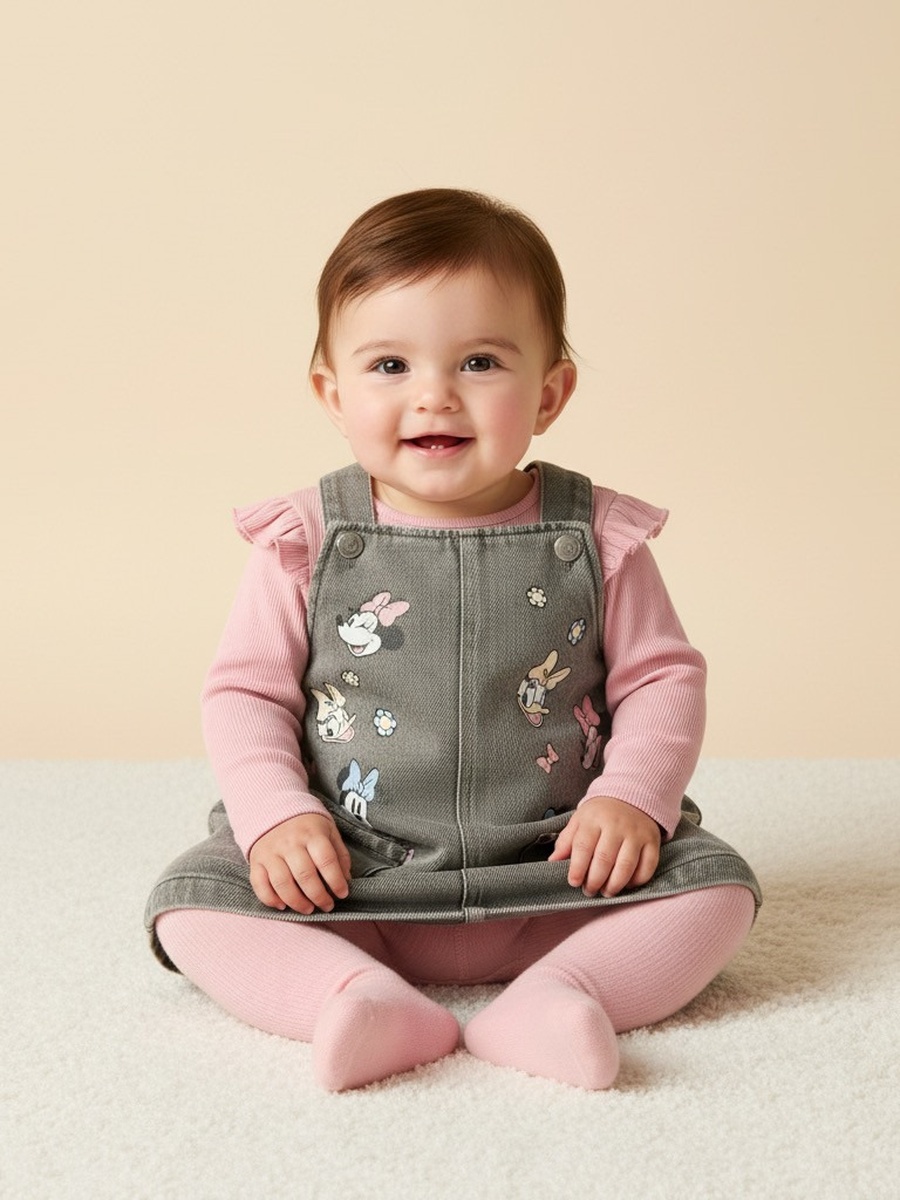 Minnie and Daisy Print Denim Pinafore with Cotton Top and Tights