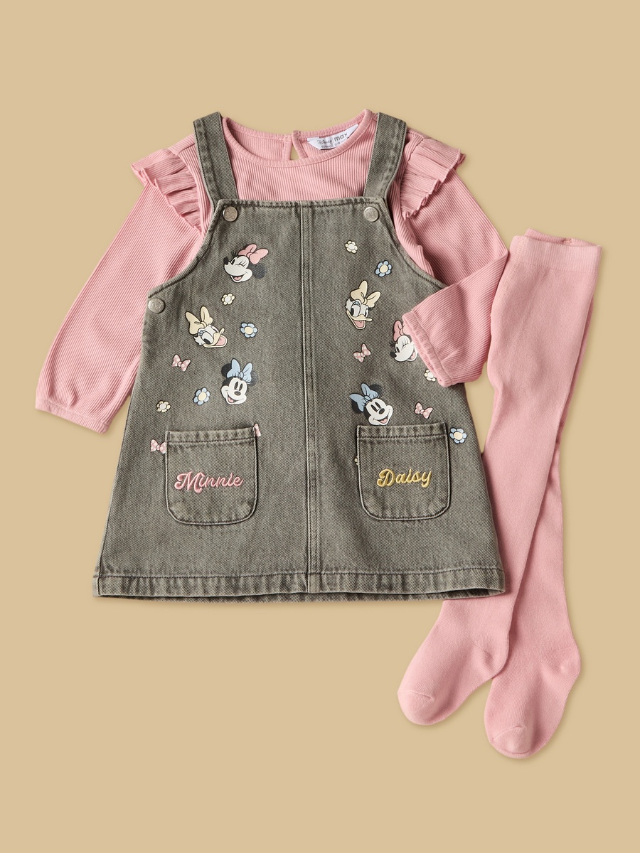 Minnie and Daisy Print Denim Pinafore with Cotton Top and Tights