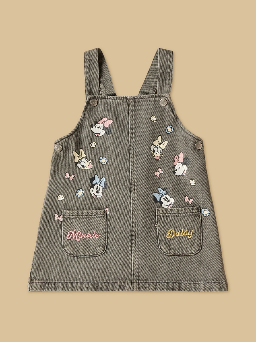 Minnie and Daisy Print Denim Pinafore with Cotton Top and Tights