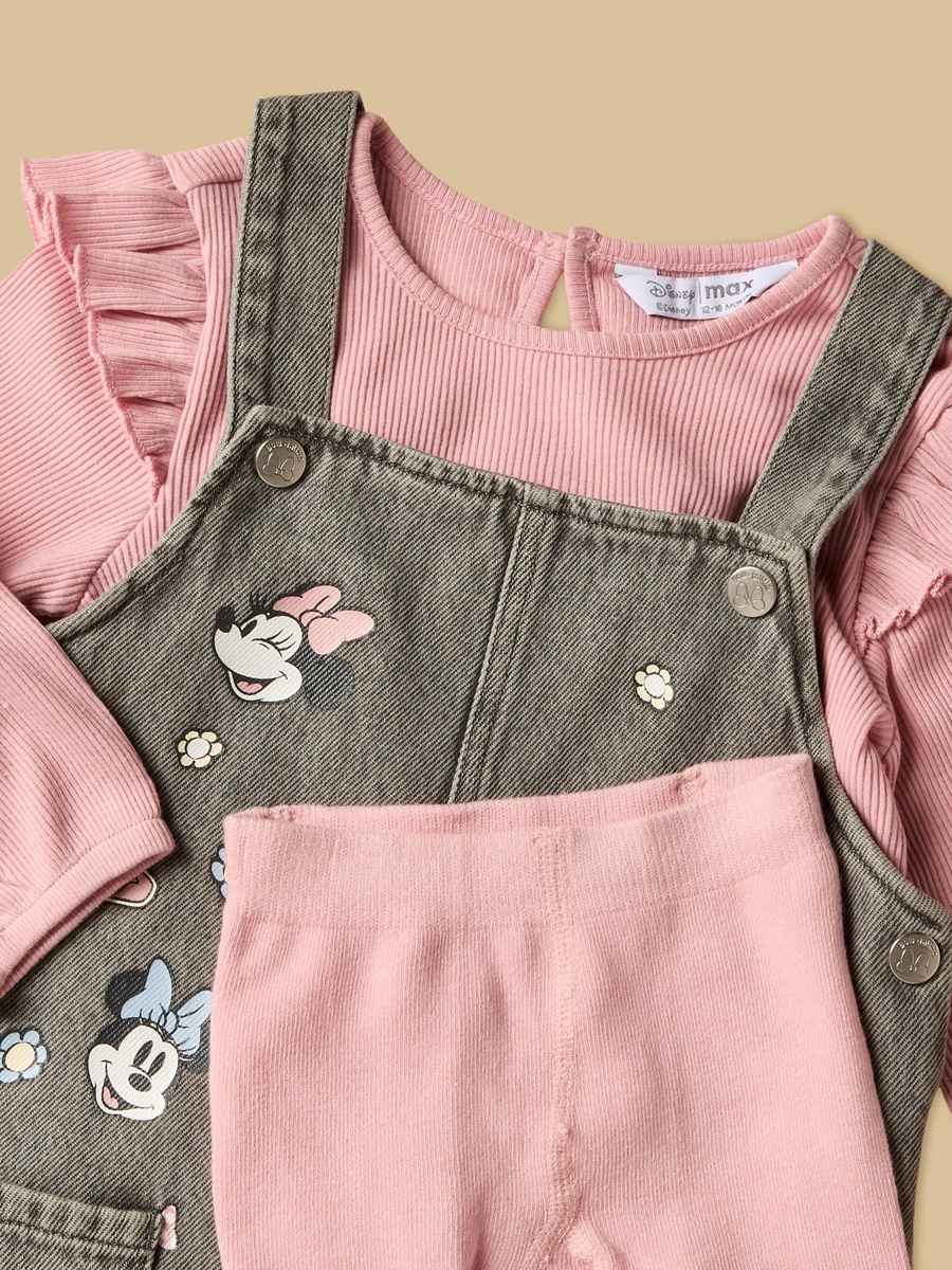 Minnie and Daisy Print Denim Pinafore with Cotton Top and Tights