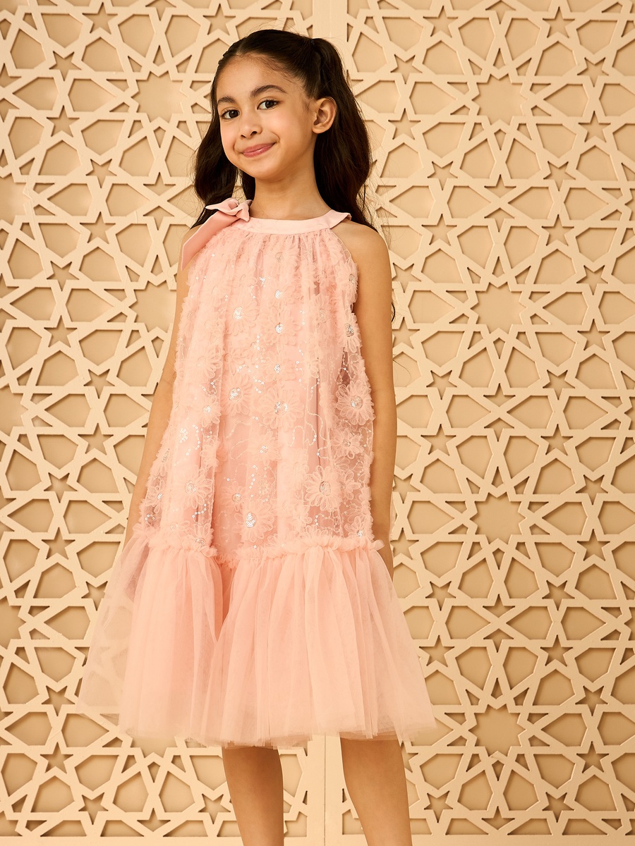 Sequinned Floral Mesh Dress with Bow