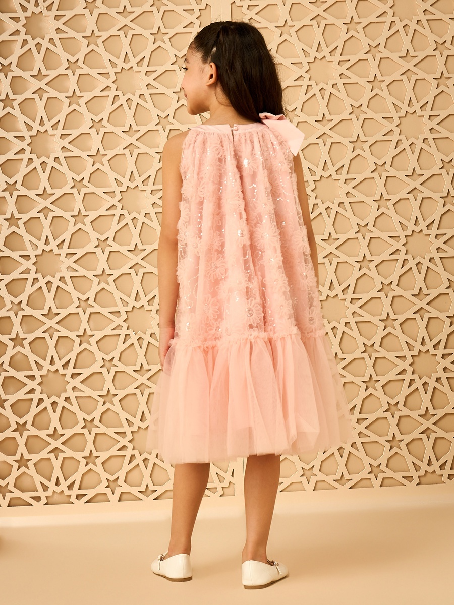 Sequinned Floral Mesh Dress with Bow