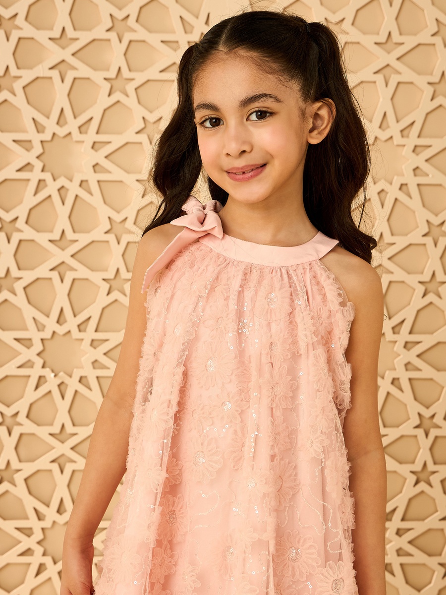 Sequinned Floral Mesh Dress with Bow