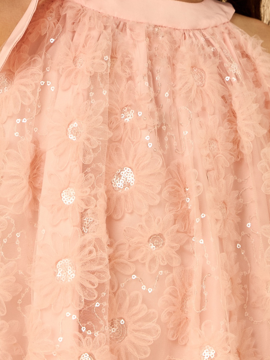 Sequinned Floral Mesh Dress with Bow