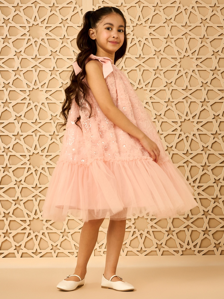 Sequinned Floral Mesh Dress with Bow