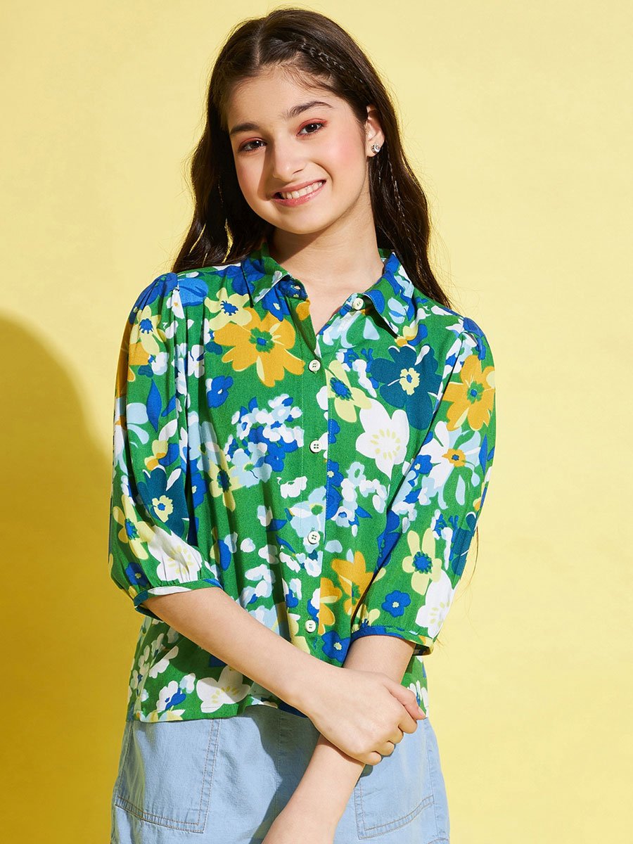 Girls Green Floral Print Top with 3/4 Sleeve