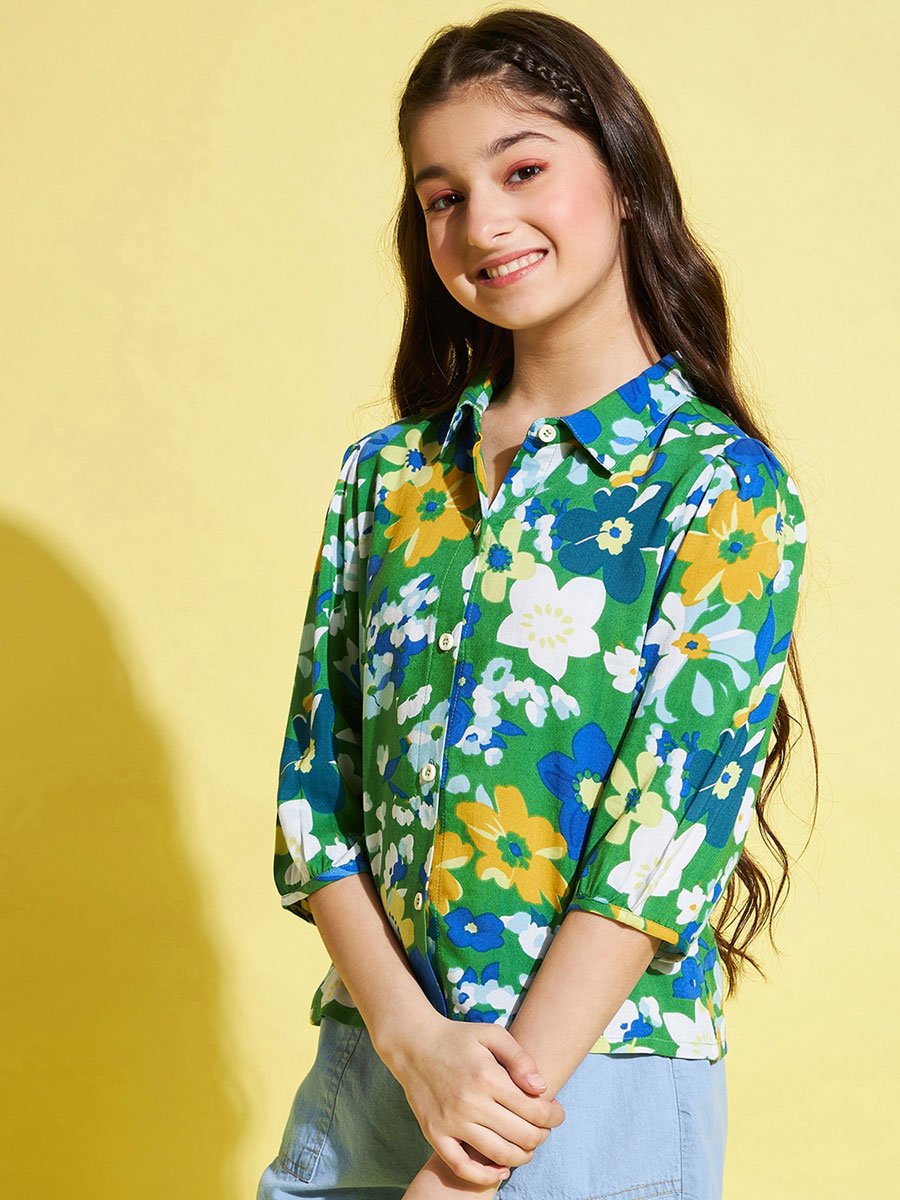 Girls Green Floral Print Top with 3/4 Sleeve