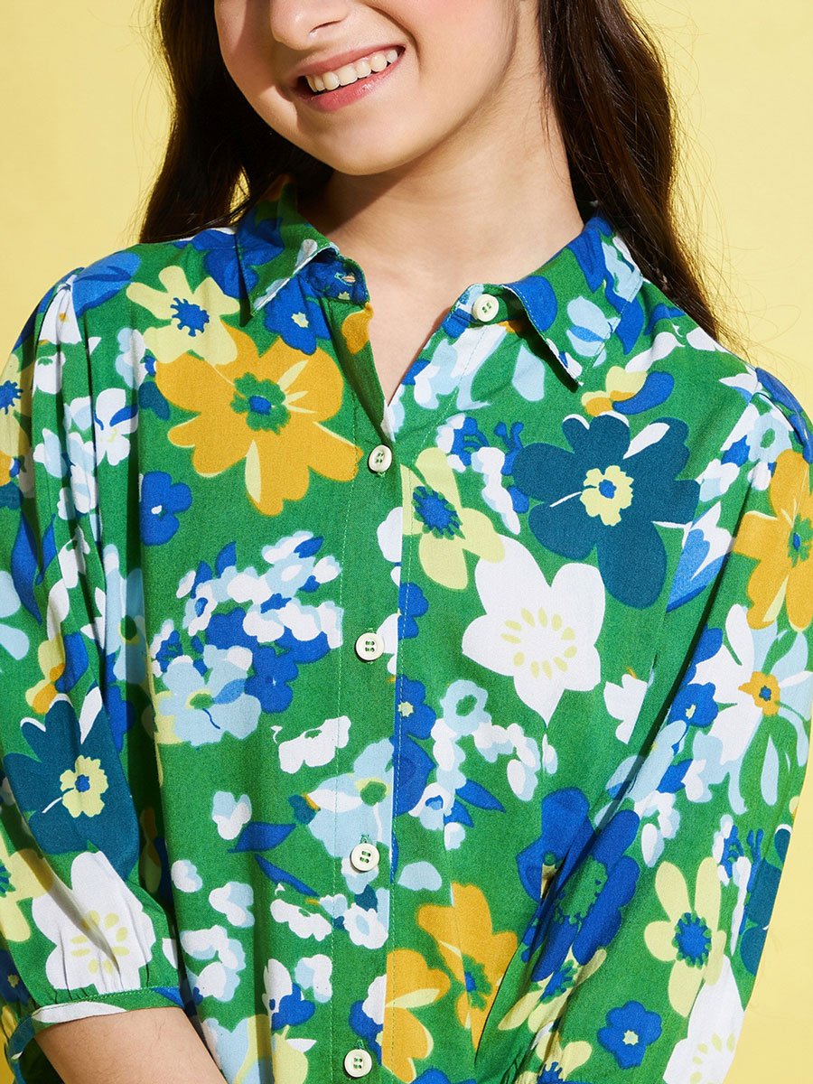 Girls Green Floral Print Top with 3/4 Sleeve