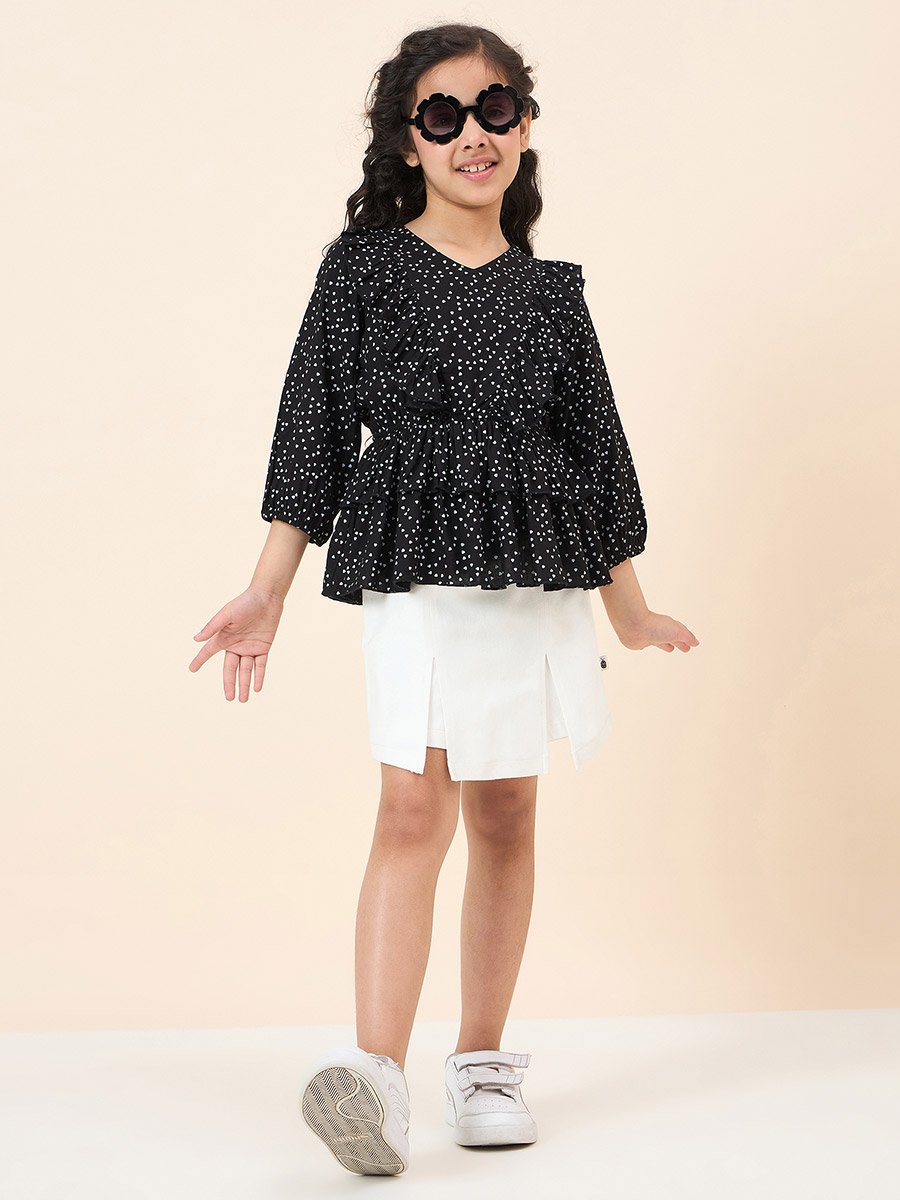 Girls Black Polka Dot Print Riffled Top