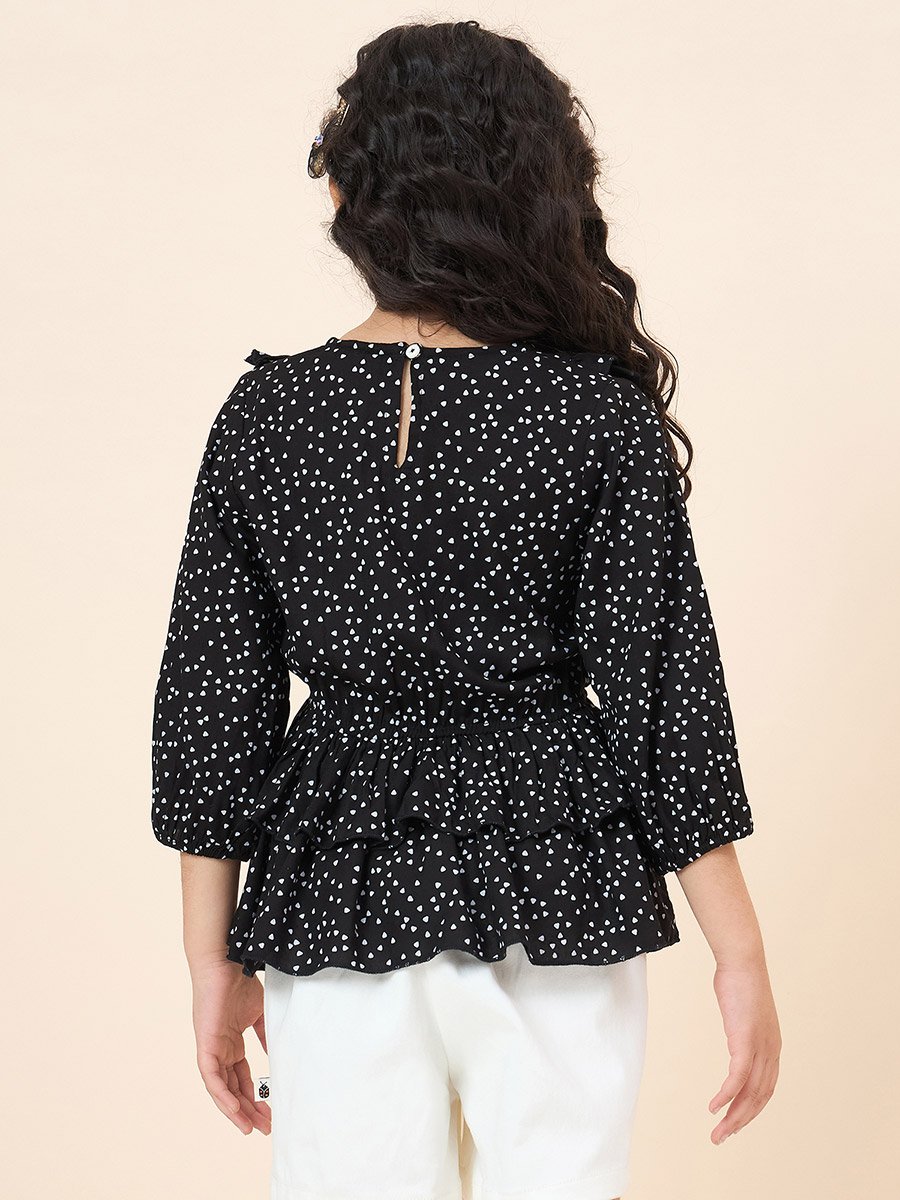 Girls Black Polka Dot Print Riffled Top