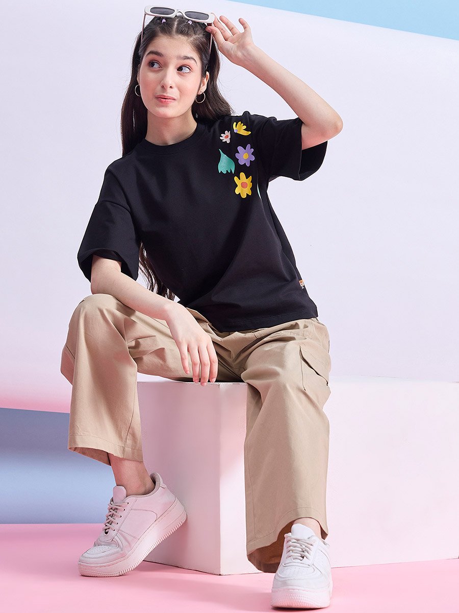 Girls Black Floral Print T-Shirt