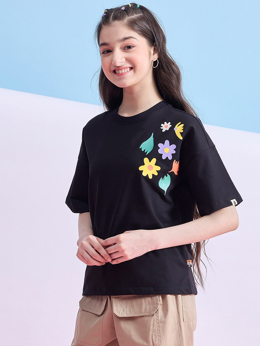 Girls Black Floral Print T-Shirt