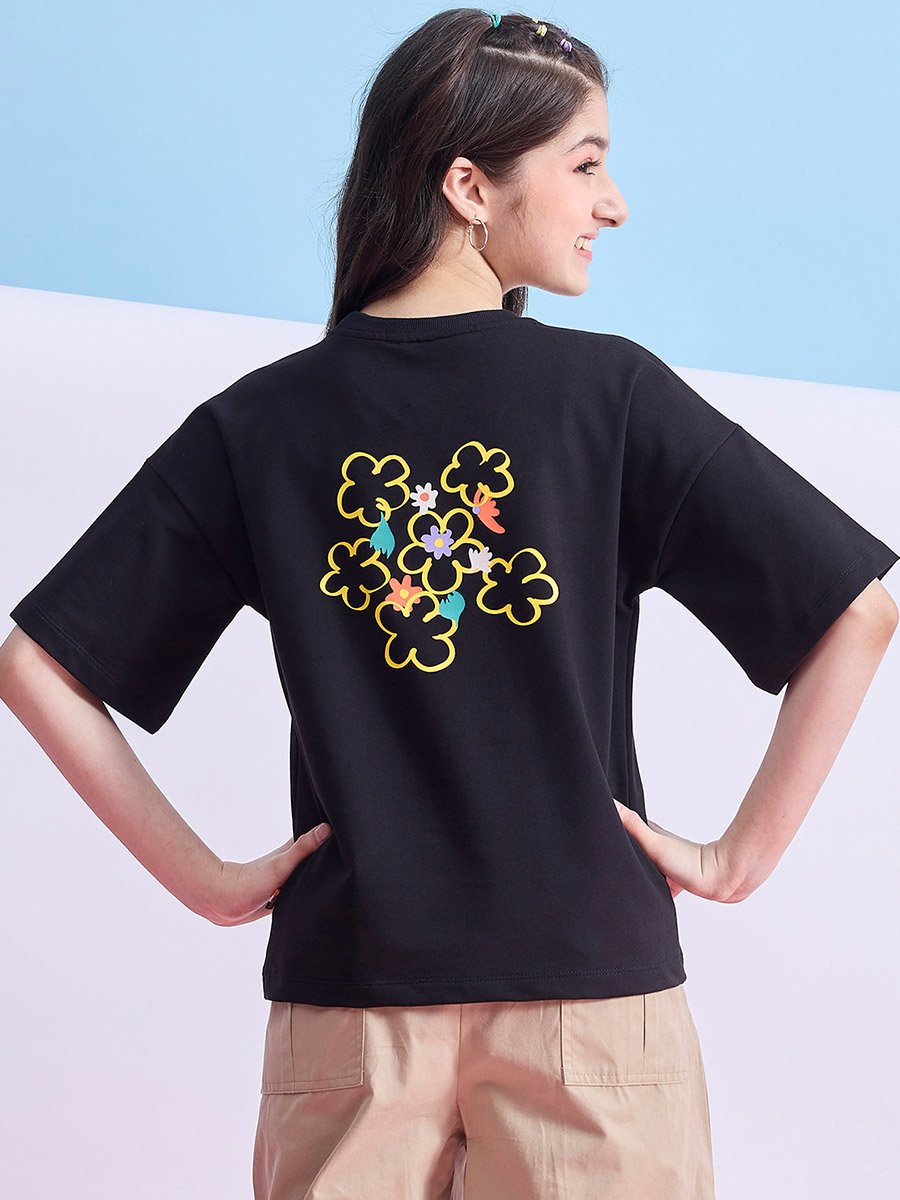 Girls Black Floral Print T-Shirt