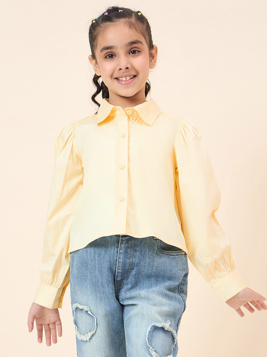 Girls Yellow Cotton Puff Sleeve Top