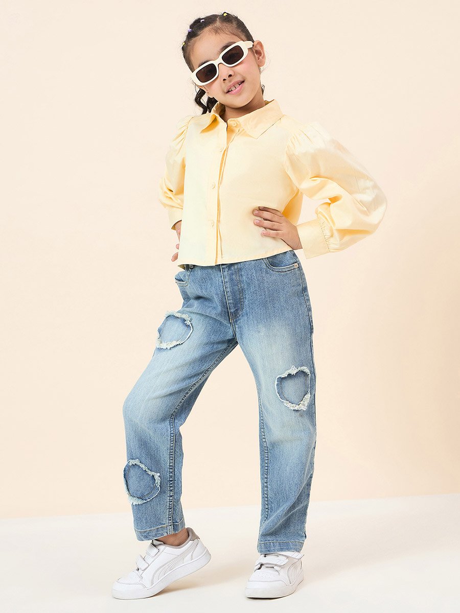 Girls Yellow Cotton Puff Sleeve Top