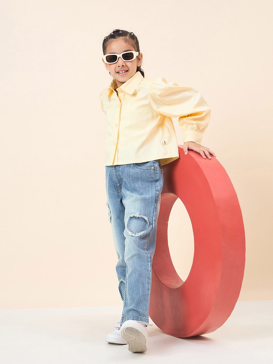 Girls Yellow Cotton Puff Sleeve Top