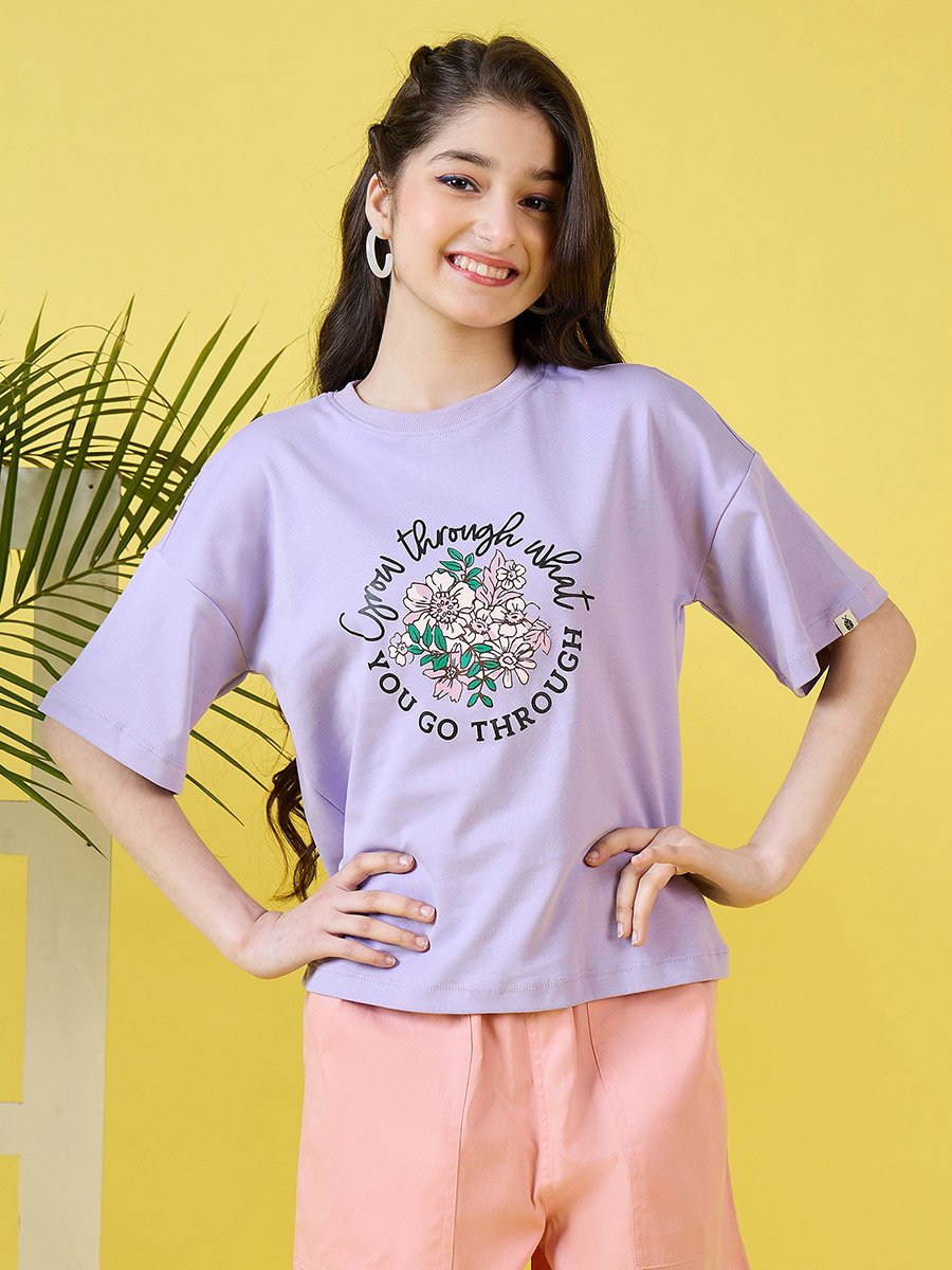 Girls Purple Floral Print T-Shirt