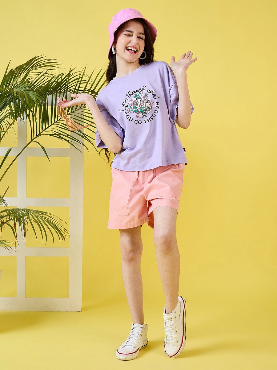 Girls Purple Floral Print T-Shirt