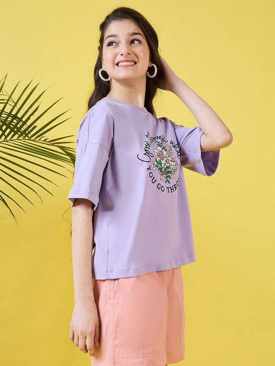 Girls Purple Floral Print T-Shirt