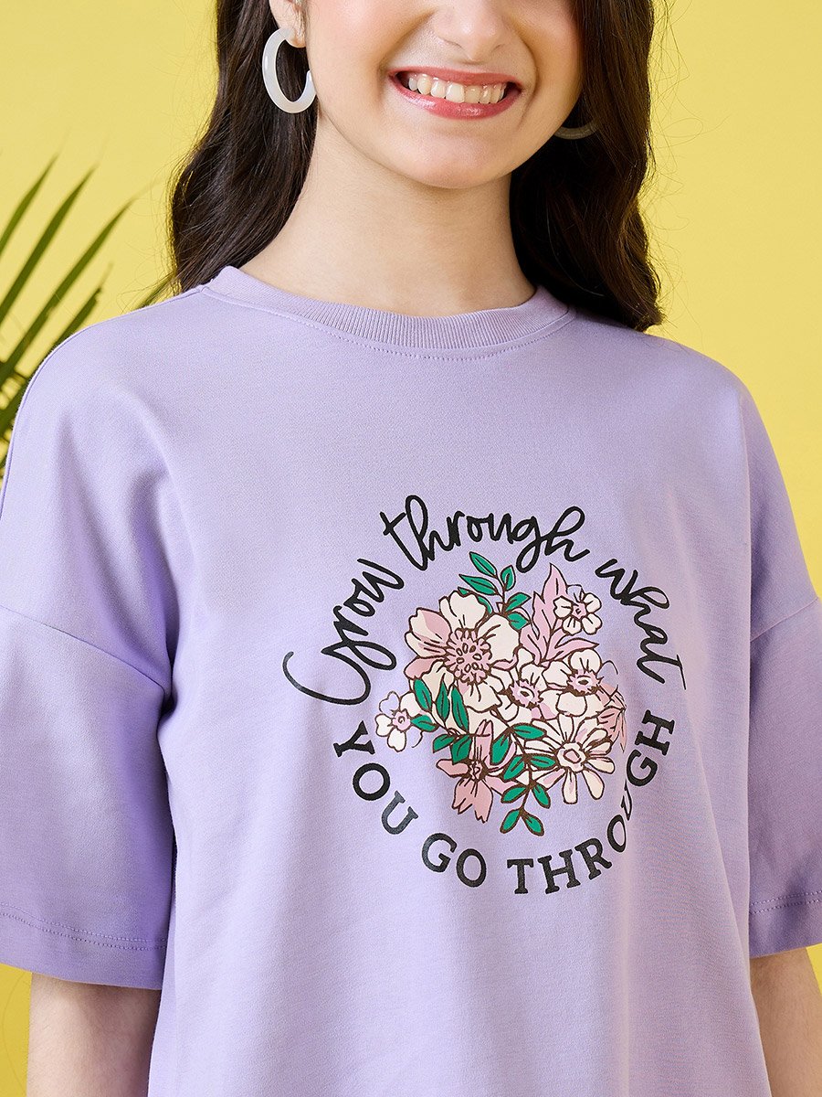 Girls Purple Floral Print T-Shirt