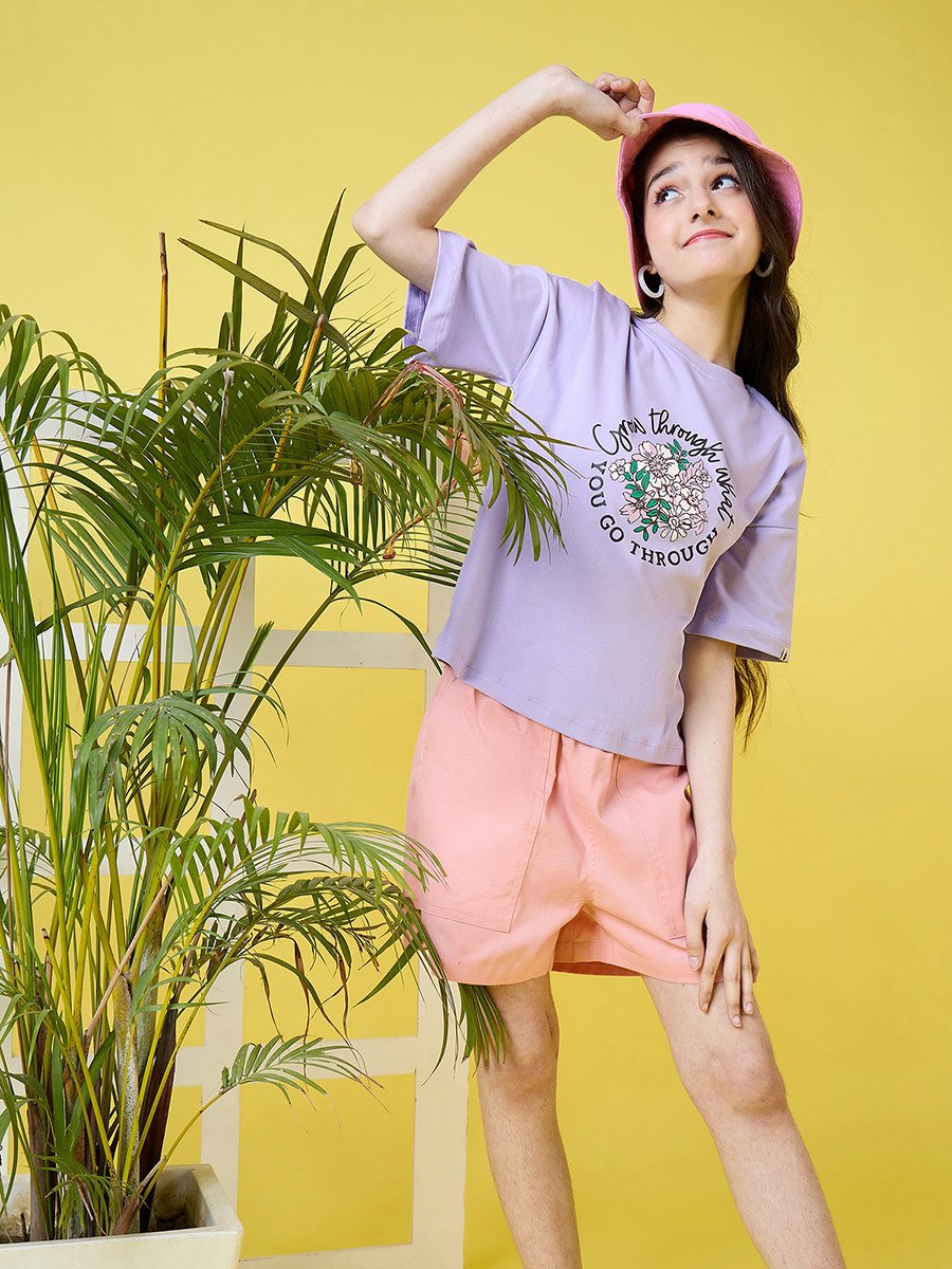 Girls Purple Floral Print T-Shirt
