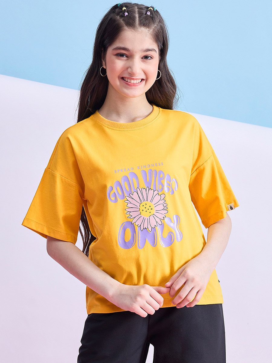 Girls Yellow Floral Print T-Shirt