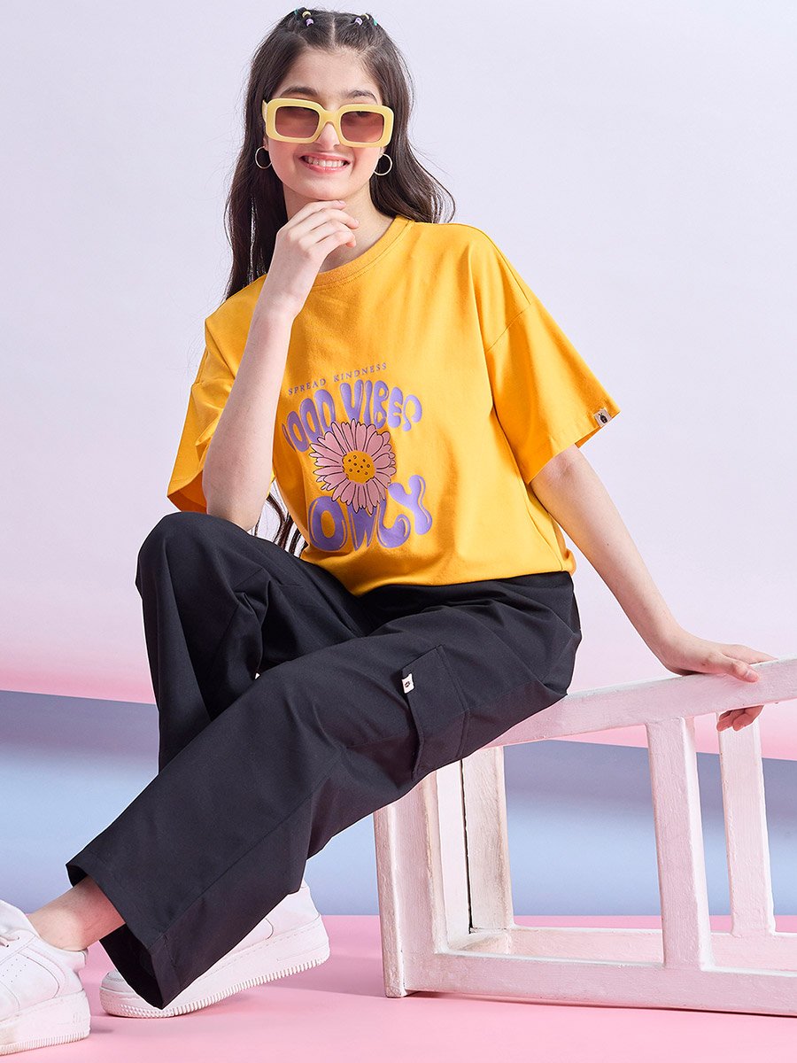 Girls Yellow Floral Print T-Shirt