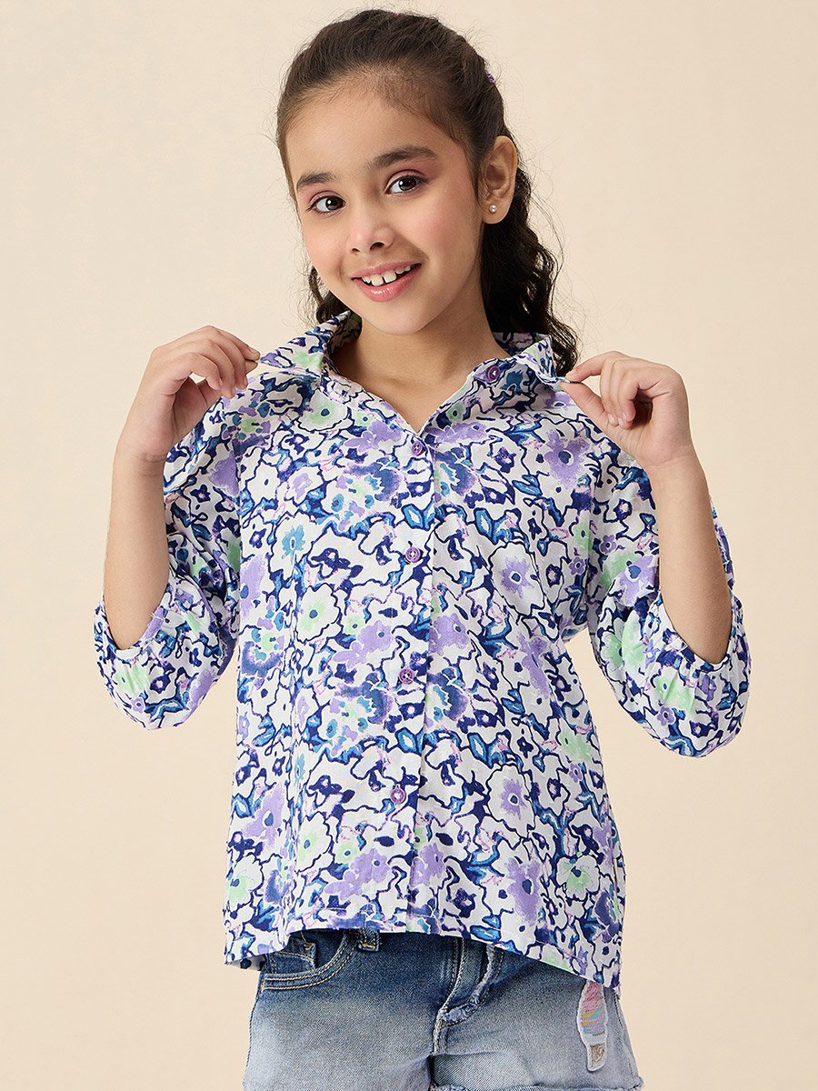 Girls Floral Print Buttoned Collared Top