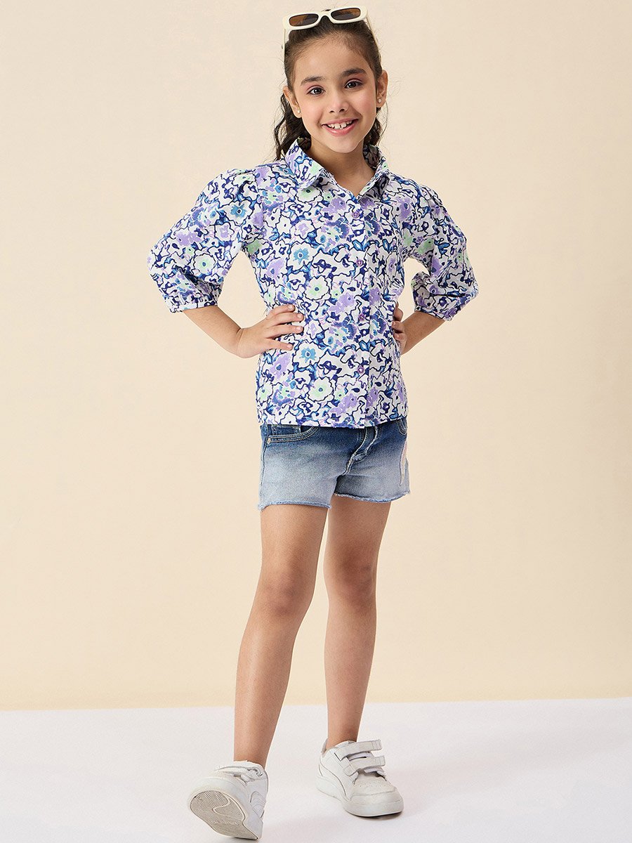 Girls Floral Print Buttoned Collared Top