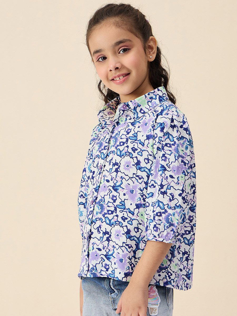 Girls Floral Print Buttoned Collared Top