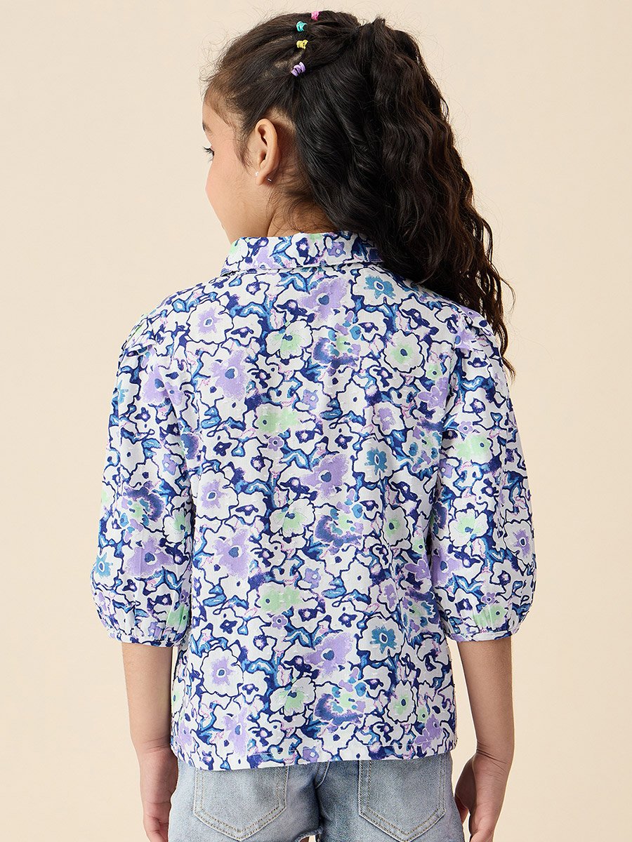 Girls Floral Print Buttoned Collared Top