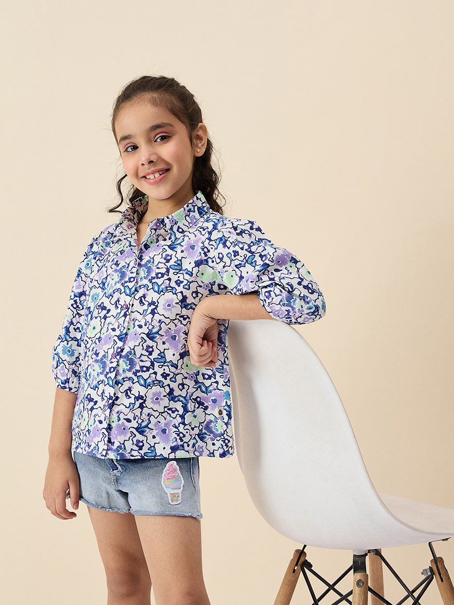 Girls Floral Print Buttoned Collared Top