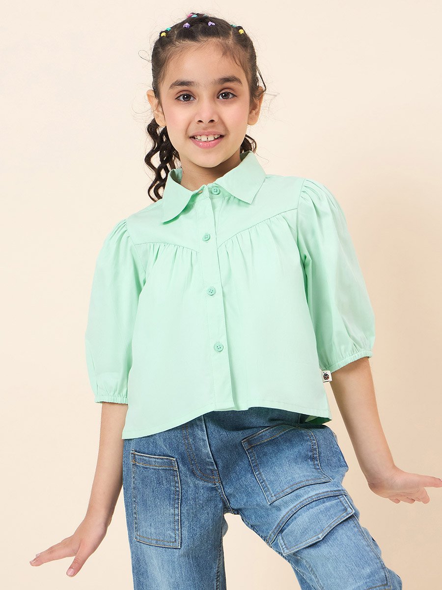 Girls Green Cotton Puff Sleeve Top