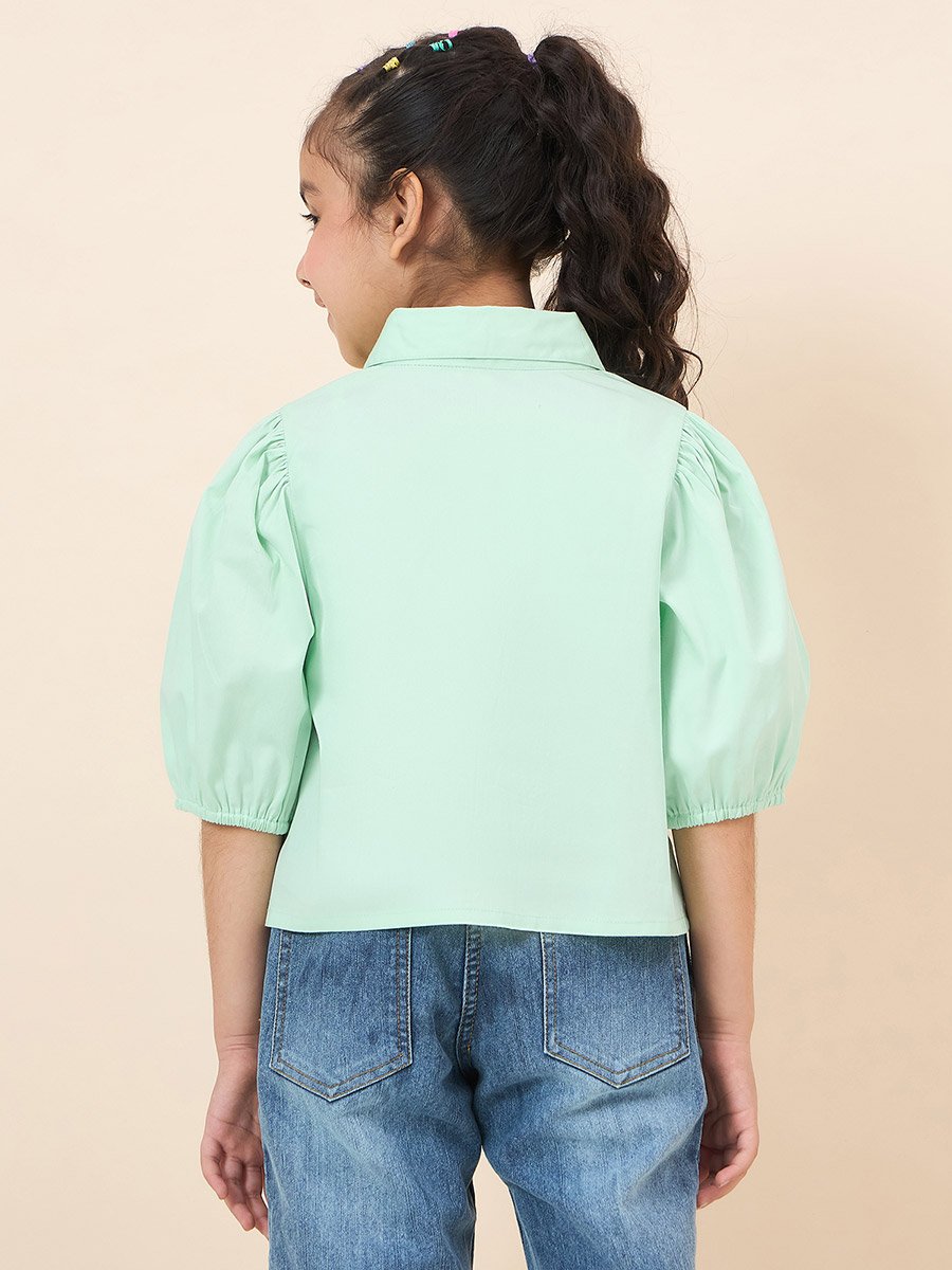 Girls Green Cotton Puff Sleeve Top